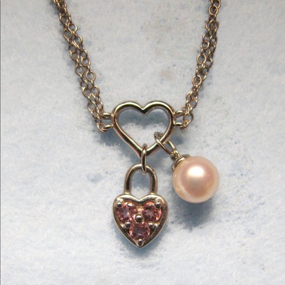 Vintage 14K WHITE GOLD heart necklace with pink tourmaline and pearl - Picture 2 of 6